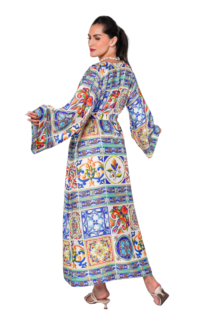 Blue garden long Silky robe